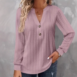 Dames T-shirt met lange mouwen en V-hals in roze gebreide stof met knoopsluiting