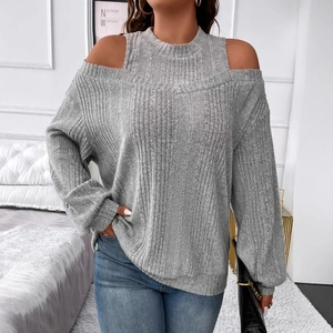 Women's casual off-shoulder long sleeve knit top in grey with ribbed texture and loose fit