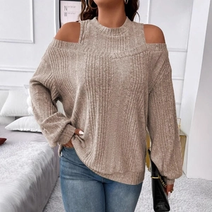 Casual cold-shoulder ribbed knit long sleeve sweater in beige for women's autumn fashion