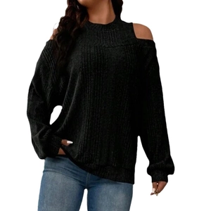 Chic black off-shoulder knitted sweater with long sleeves and ribbed texture