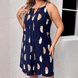 Navy halter V-neck mini dress with feather print and slim fit for summer vacation wear