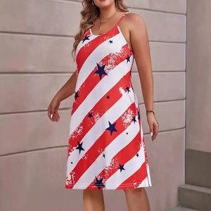 Robe à Bretelles Femme Jour de l'Indépendance Drapeau Américain Étoiles Rayures Ample Sans Manches Fête Robe Midi