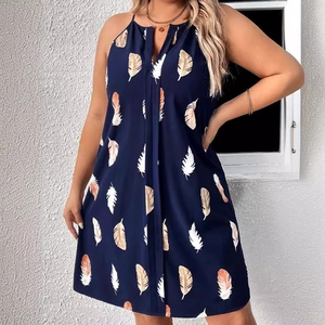 Women Summer Halter V Neck Mini Dress Feather Print Sleeveless Loose Casual Beach Resort Holiday Polyester Spandex Dress