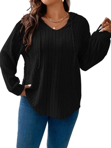 Women's black V-neck hooded long sleeve ribbed top with casual loose fit style