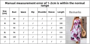 Size chart for tie-dye maxi dress with bust and length measurements from S to 2XL