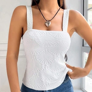 Women Sexy Square Neck Wide Strap Tank Top Jacquard Floral Embossed Slim Fit Sleeveless Camisole Summer Fashion Top