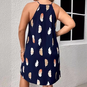 Deep blue summer V-neck sundress with vibrant feather prints and a sleeveless backless cut