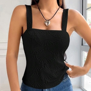 Women's black slim fit tank top with jacquard floral texture and square neckline