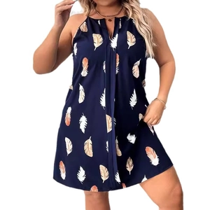 Deep blue V-neck sleeveless dress with feather print and a loose holiday casual silhouette