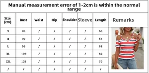 Detailed size chart for women's striped V-neck cold shoulder t-shirt showing S to 2XL measurements