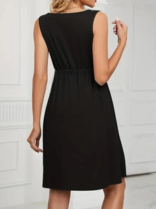 Back view of a sleeveless black summer dress featuring an elastic waist and a midi hemline