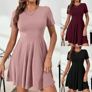 Robe Courte Décontractée à Manches Courtes pour Femmes Nervurée Coupe Ajustée Col Rond Trapèze Couleur Unie Été Mode Robe de Fête