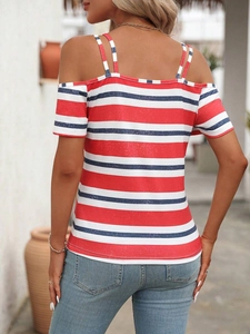 Close-up of cold shoulder striped T-shirt featuring red and white nautical stripes