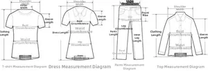 Detailed size measurement guide for women's T-shirts and dresses with length indicators
