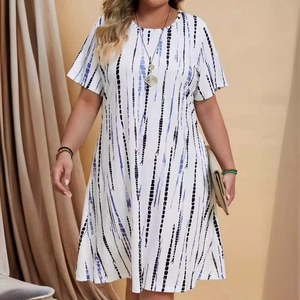Abito Midi da Donna Casual con Stampa Tie Dye a Righe Manica Corta Girocollo Ampio Vacanza a Trapezio Taglie Forti Moda