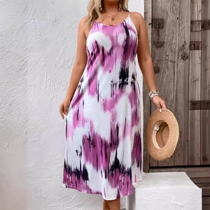 Women Casual Tie-Dye Spaghetti Strap Midi Dress V-Neck Loose Bohemian Summer Beach Vacation Sleeveless Sun Dress