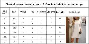 Size chart for autumn solid color waffle knit long sleeve dress showing S to 2XL dimensions