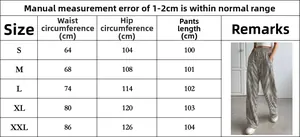 Size chart for women's striped wide-leg pants showing waist, hips, and length in CM