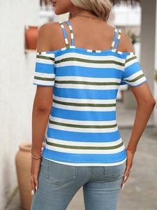 Detail of cold-shoulder striped t-shirt with dual thin straps and blue-white knit texture
