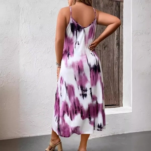 Purple and white tie-dye midi dress with spaghetti straps and elegant V-back design