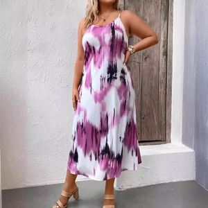 Women's summer boho maxi dress with purple and black tie-dye print on white background