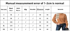 Size chart detail for women's long sleeve warm knit shirt showing S to 2XL measurements