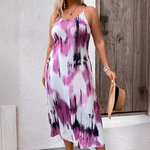 Women's summer tie-dye slip dress with V-neck and purple tie-dye print for vacation