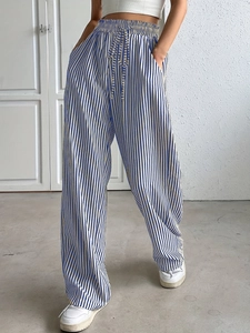 Women's casual blue and white vertical striped wide-leg pants with elastic drawstring waist
