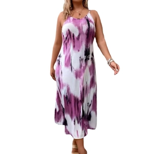 Summer tie-dye slip dress for women in purple and black print, loose vacation style