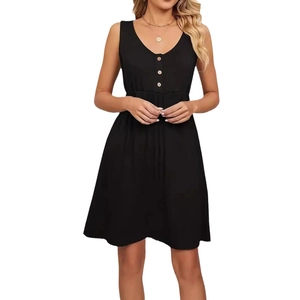 Chic black sleeveless V-neck dress with decorative buttons and A-line waist cut