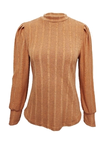 Detail of mock neck and ribbed texture on ginger knit long sleeve top for women