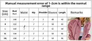 Size chart for women's pink corduroy hooded jacket showing measurements from S to 2XL