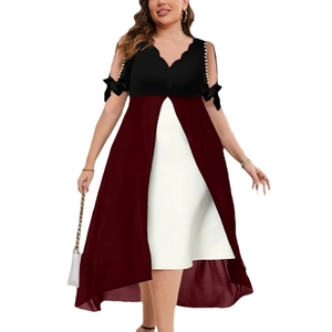 Robe midi femme à col en V, patchwork élégant et manches ornées de nœuds délicats