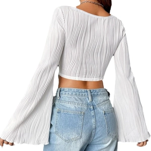 White ribbed long sleeve U-neck crop top for women featuring a minimalist slim fit back