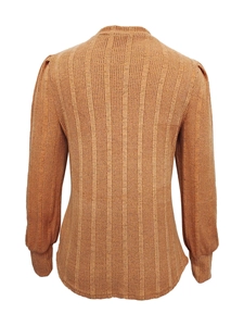 Detail view of the ribbed knit back on a warm brown long sleeve mock neck shirt