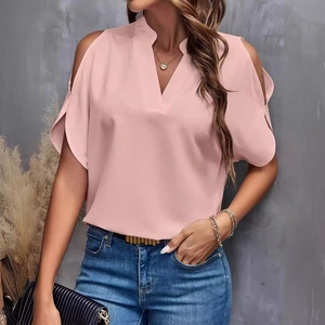 Rosa Chiffon-Oberteil für Damen mit V-Ausschnitt und modischen Cut-Out-Schultern
