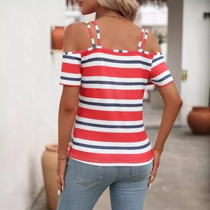 Women cold shoulder stripe t-shirt with red and navy horizontal pattern for vacation