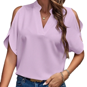 Damen Chiffon-Oberteil in Lavendel mit V-Ausschnitt, schulterfrei und lockerem Casual-Schnitt