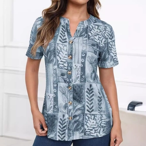 Women Casual V Neck Short Sleeve T-Shirt Loose Floral Botanical Print Pullover Top With Decorative Buttons Fashion Blouse
