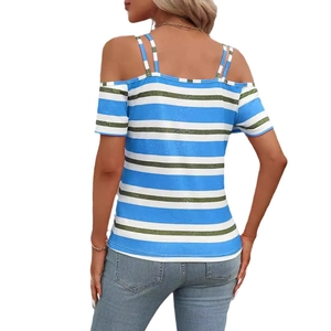 Cold shoulder striped top with blue, white and green bands and thin shoulder straps