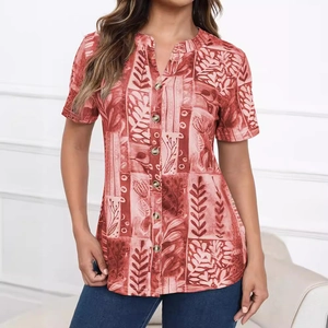 Women's V-neck brick red short sleeve shirt with ethnic leaf print and button detail