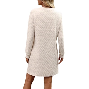 Women's crewneck long sleeve knit dress in beige with zigzag texture, casual minimalist style