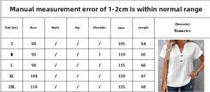 Detailed size chart for V-neck button T-shirt with measurements in S to 2XL sizes