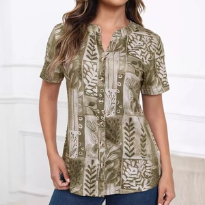 Women's short-sleeve shirt with vintage army green leaf print and button-down V-neck collar