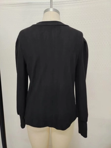 Back view detail of black long sleeve top with pleated puff shoulders and knit texture