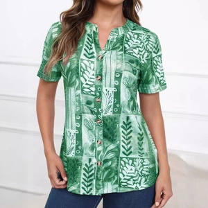 Women's dark green short sleeve shirt with white leaf print and V-neck wooden buttons