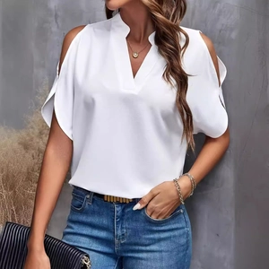 Elegant white floral V-neck cold-shoulder chiffon blouse for women in summer style