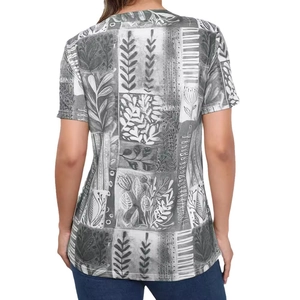 Women's short sleeve T-shirt featuring vintage grey floral prints on white background