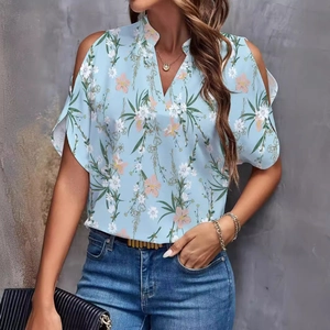 Women's light blue floral V-neck cold-shoulder blouse with short sleeves and chic print