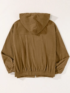 Detail view of brown corduroy hoodie jacket back with vertical texture and ribbed hem